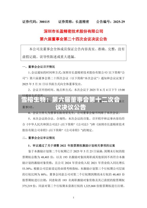 雪榕生物：第六届董事会第十二次会议决议公告-第1张图片